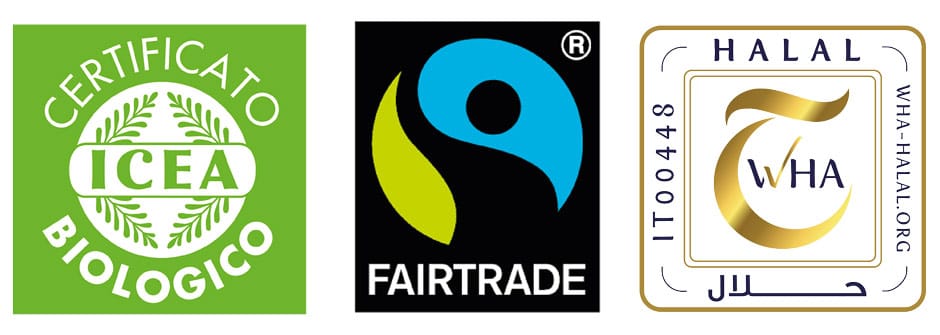 Marchi delle certificazioni di qualità dell'azienda Francocaffe: Biologico, Fairtrade e Halal